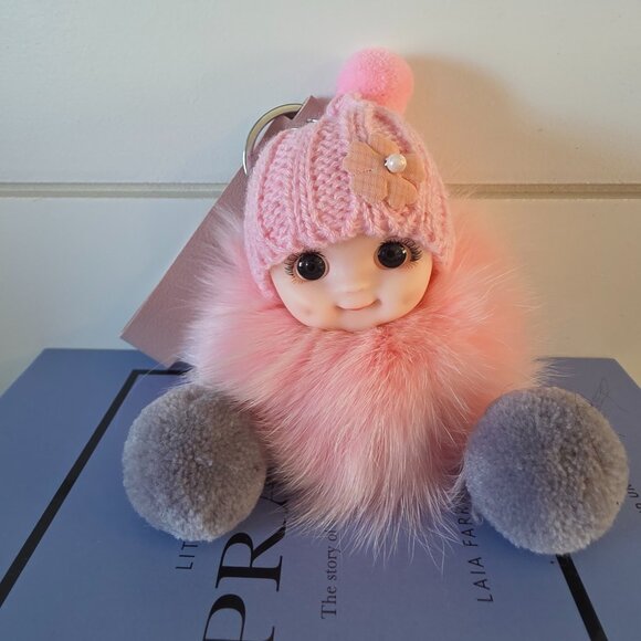 Cute Smiling Fur Baby Keychain with LOVE tag, Plush rabbit fur, Bag Charm - Picture 4 of 5
